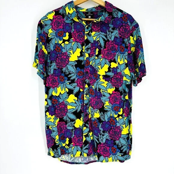Empyre Mens Floral Multicolored Short Sleeve Collared Button Down Shirt Size L - Picture 3 of 11